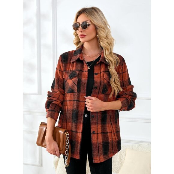 Women's Flannel Shirt Jacket Cotton Long Sleeve Plaid Casual Outerwear - Picture 4 of 7